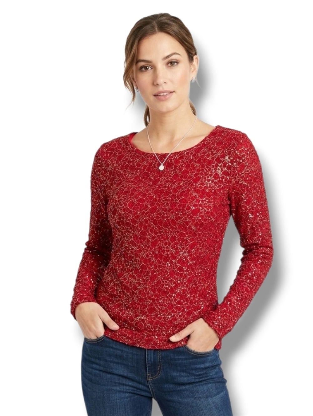 JLO Jennifer Lopez Women’s Burgundy Metallic Long Sleeve V-Back Pullover Sweater